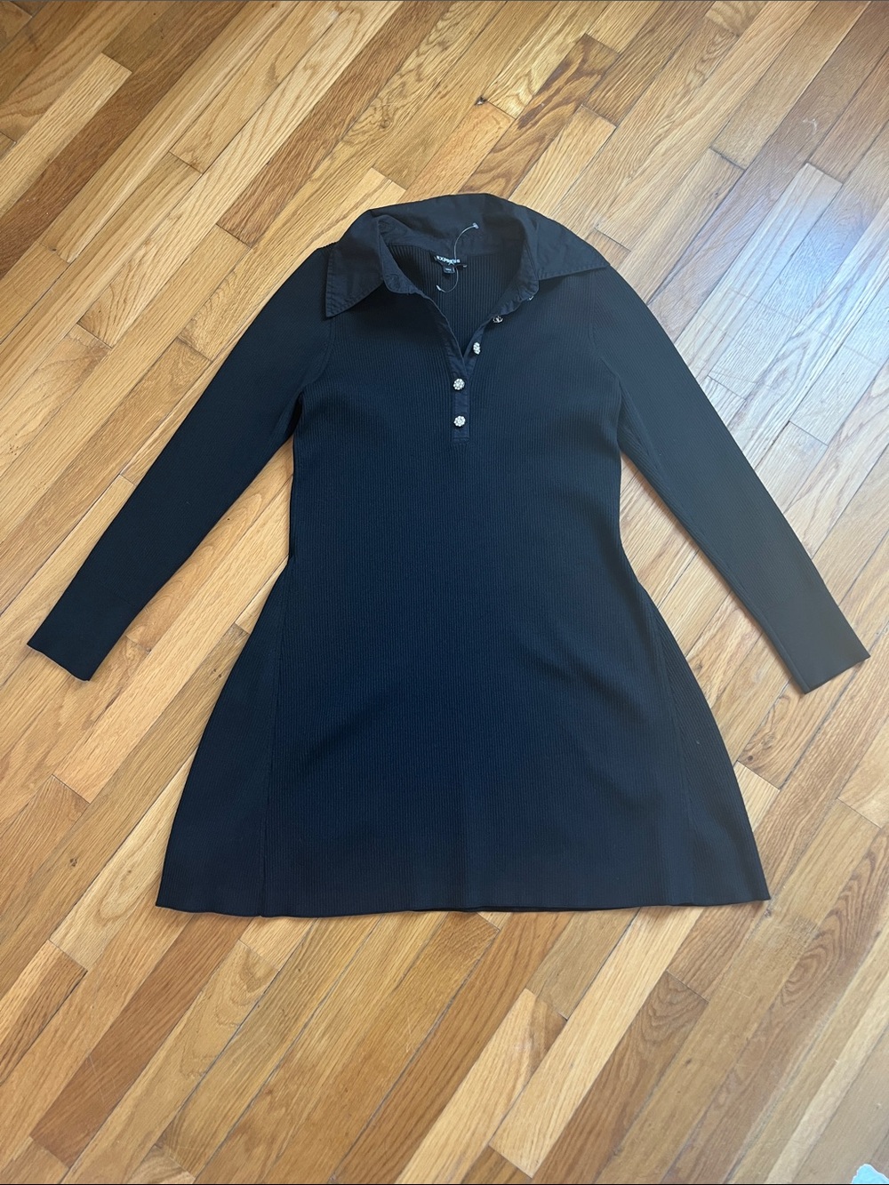 Express Black Long-Sleeve Polo Dress with Button Placket